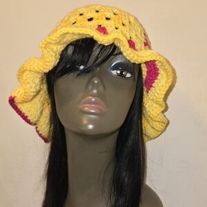 Vibrant Yellow and Pink Crochet Hat